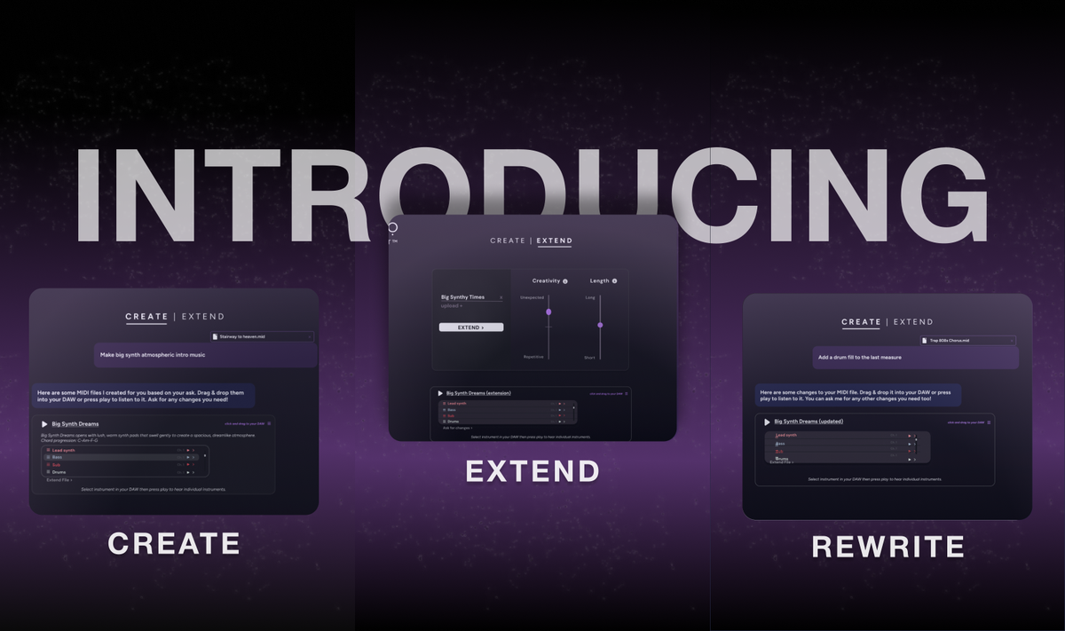 Showing the three main features of the new Staccato AI Instrument plugin.